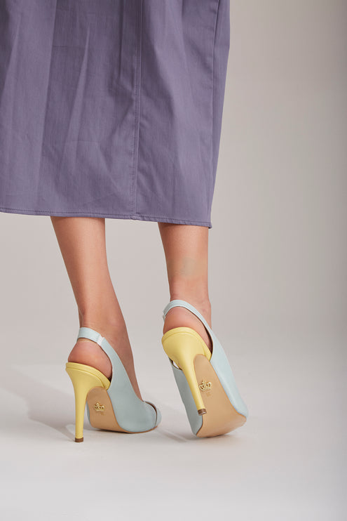 Azure Thin Heel Baby Blue Yellow Heeled Shoes 483║