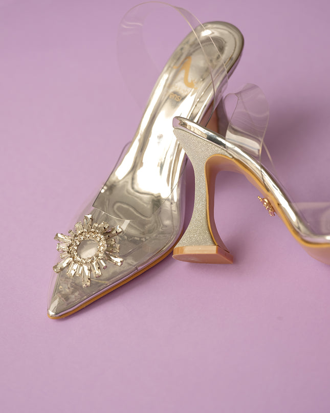 Transparent Detailed Stone Thick Heel Gold Stiletto 169║