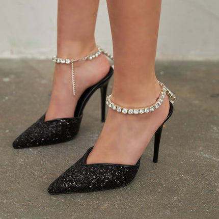 Flamboyant Stone Chain Thin Heel Black Glass Broken Stiletto 489║