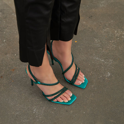 Nani Stone Detailed Emerald Satin Heeled Shoes 469║