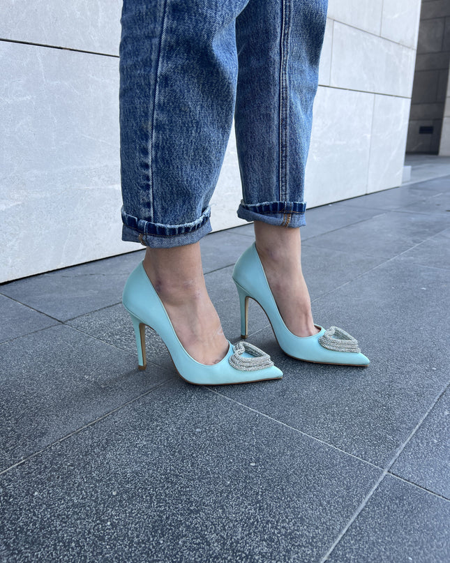 Stone Heart Detailed Thin Heel Turquoise Satin Stiletto 424║