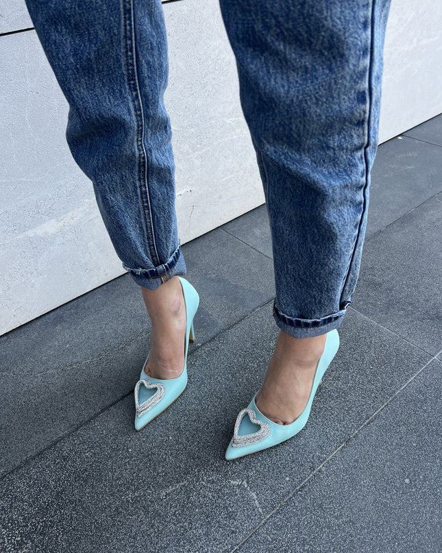 Stone Heart Detailed Thin Heel Turquoise Satin Stiletto 424║