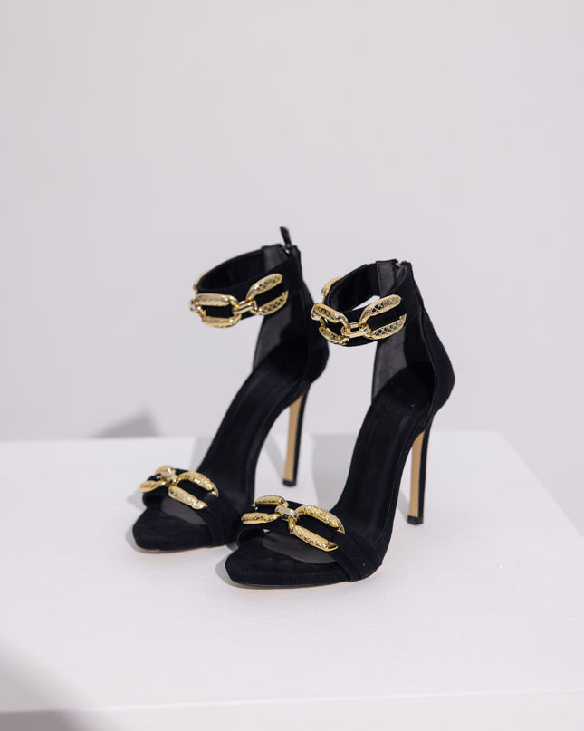 Valent Accessory Detailed Thin Heel Black Suede Heeled Shoes 474║