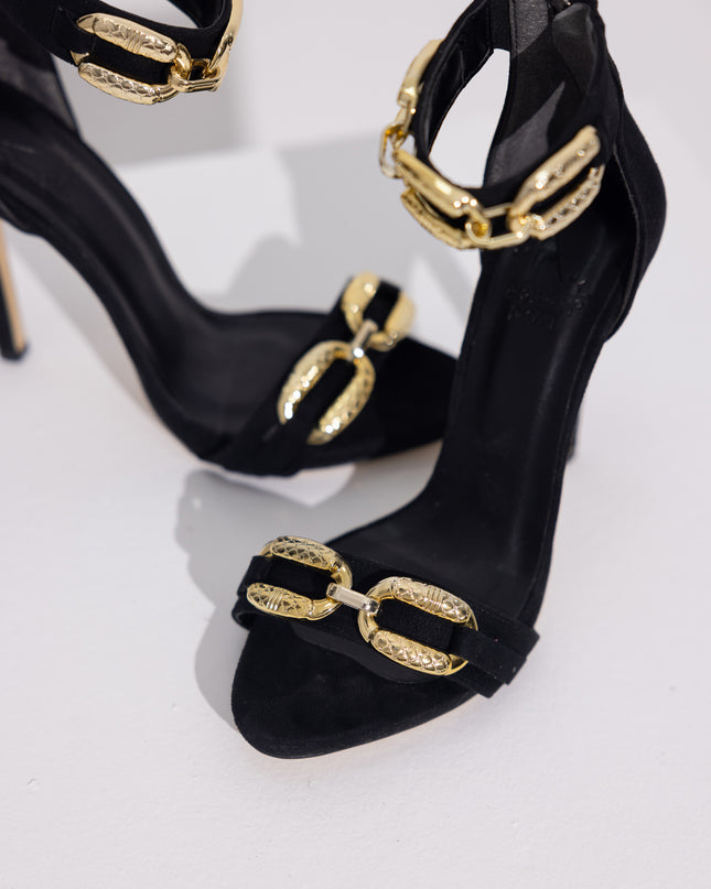 Valent Accessory Detailed Thin Heel Black Suede Heeled Shoes 474║