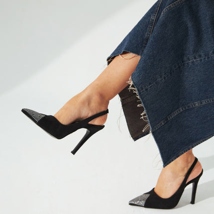 Jen Stone Detailed Thin Heel Black Suede Stiletto 427║