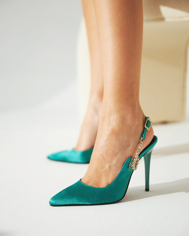 Thin Heeled Green Satin Stiletto with Brooch Accessory Detail 423║