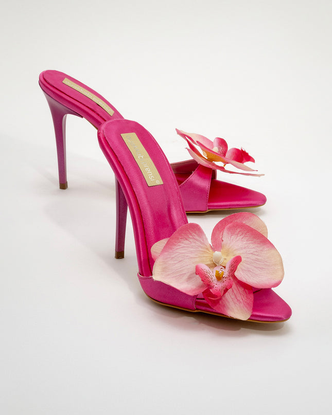 Lily Flower Detailed Thin Heel Fuchsia Satin Slippers -942