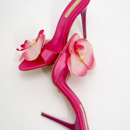 Lily Flower Detailed Thin Heel Fuchsia Satin Slippers -942