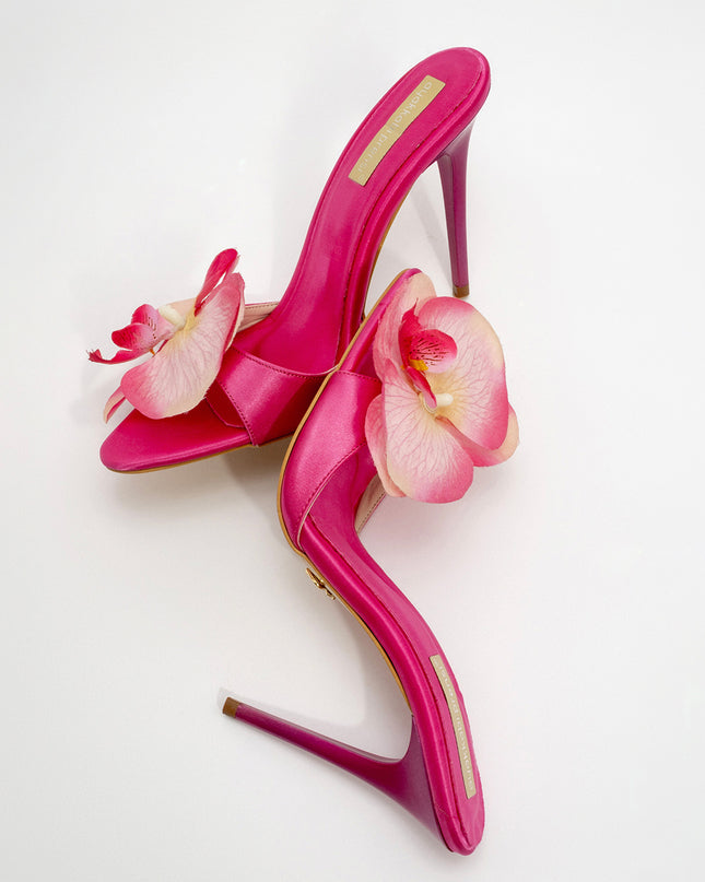 Lily Flower Detailed Thin Heel Fuchsia Satin Slippers -942