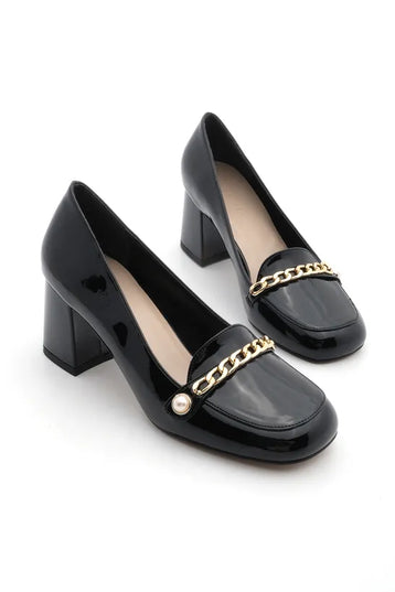 Thick Heel Chained Blunt Toe Macros Black Patent Leather Heeled 534║