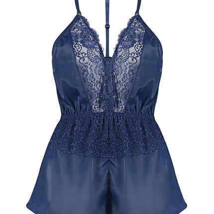 Navy Blue Satin Lace Detailed Fantasy Nightgown