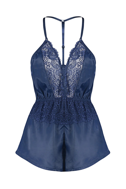 Navy Blue Satin Lace Detailed Fantasy Nightgown