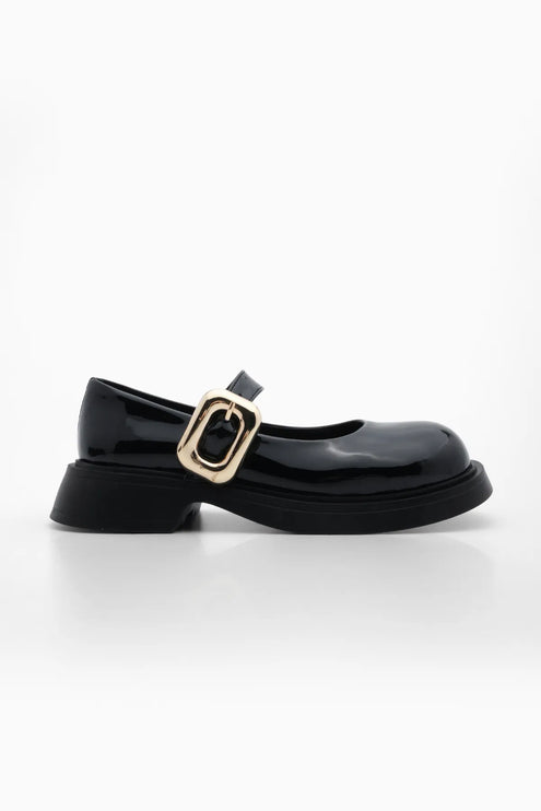 Reyce Buckle Thick Sole Black Patent Leather Loafer -352