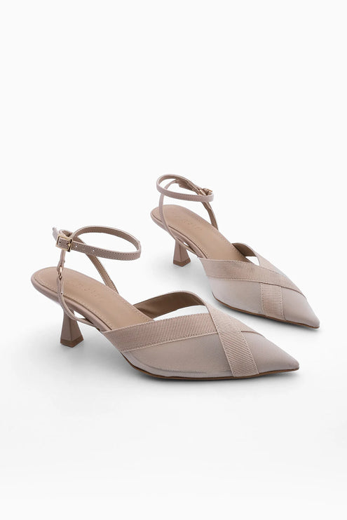 Mires Pointed Toe Mesh Detail Classic Heeled Shoes Beige 567║