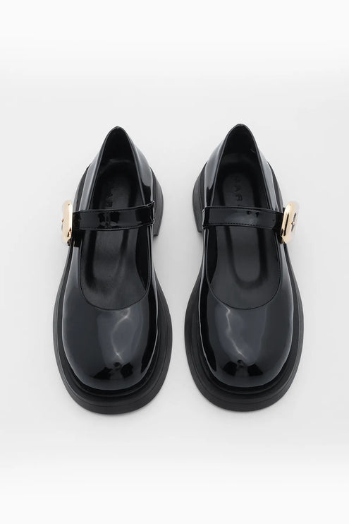 حذاء لوفر من الجلد الأسود اللامع بإبزيم ونعل سميك من رايس -352