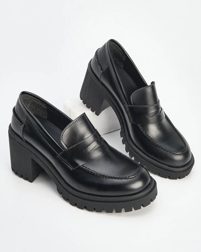 Zumes Thick Heeled Black Loafer -379