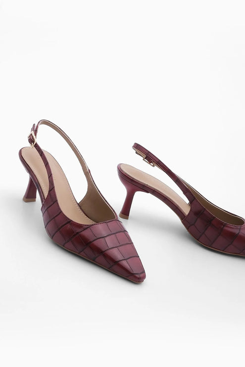 Fanle Pointed Toe Open Back Thin Heeled Shoes Burgundy Croco 568║