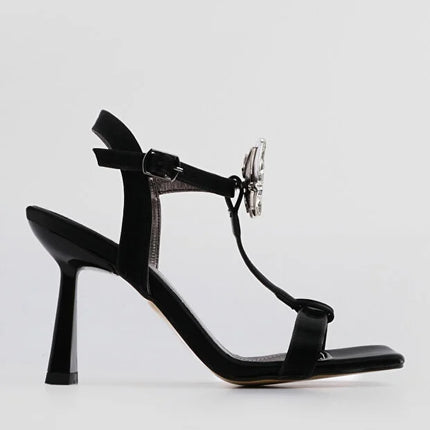 Neros Ankle Strap Stone Evening Dress Heeled Shoes Black 536║