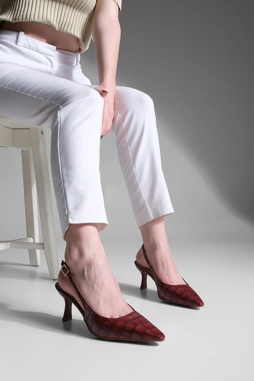 Fanle Pointed Toe Open Back Thin Heeled Shoes Burgundy Croco 568║