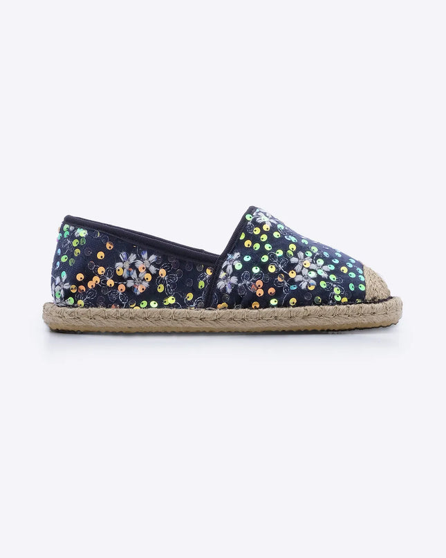 Straw Detail Sequined Velvet Jute Espadrille Ballerinas Navy Blue ●8