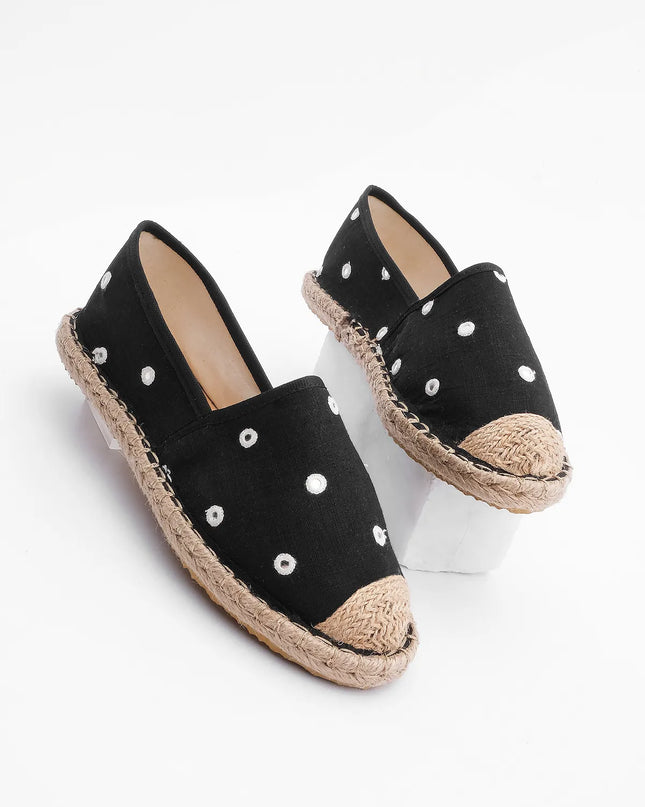 Lotas Straw Detailed Stoned Linen Casual Jute Espadrille Black ●10