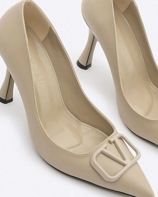 Vonya Pointed Toe Buckled Stiletto Heel Shoes Beige 508║