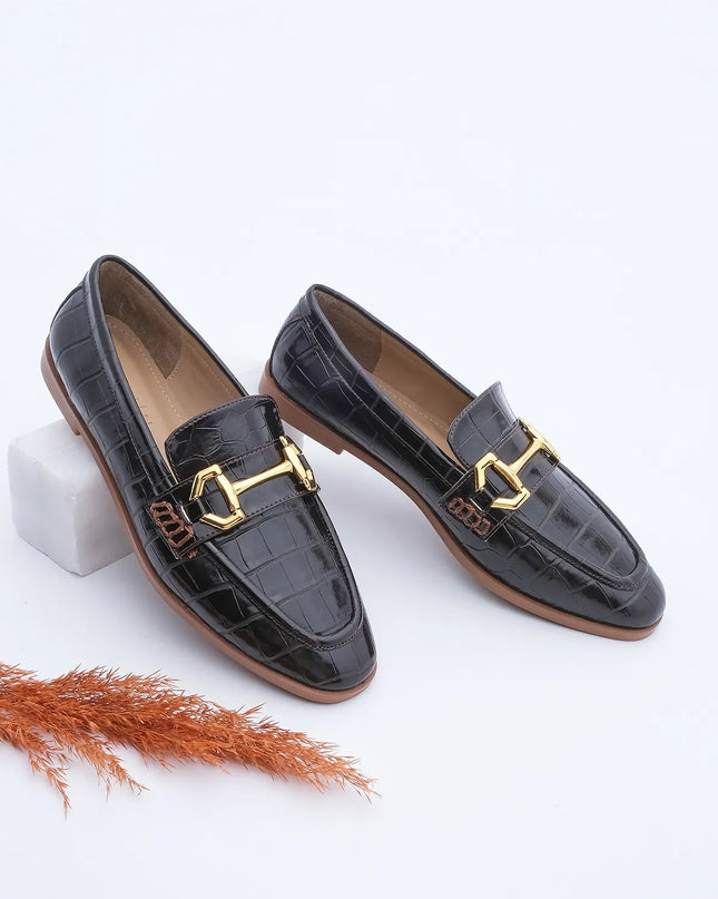 Women's Loafer Buckle Casual Shoes Black Croco -430