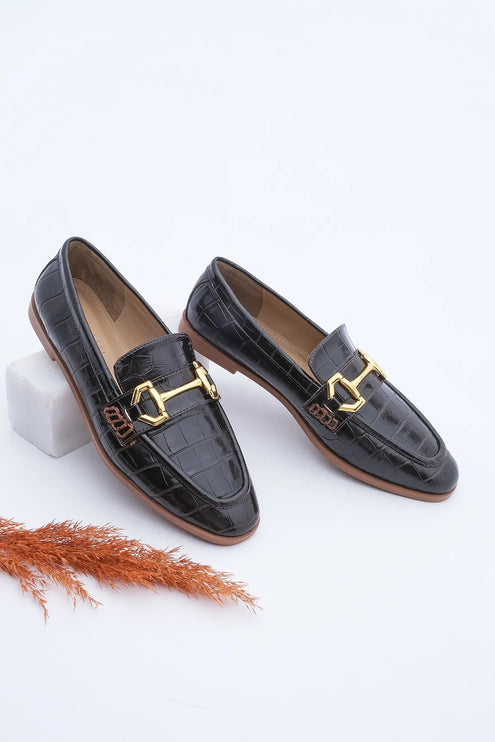 Women's Loafer Buckle Casual Shoes Black Croco -430