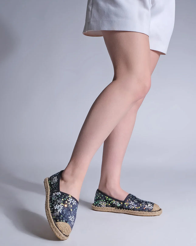 Straw Detail Sequined Velvet Jute Espadrille Ballerinas Navy Blue ●8