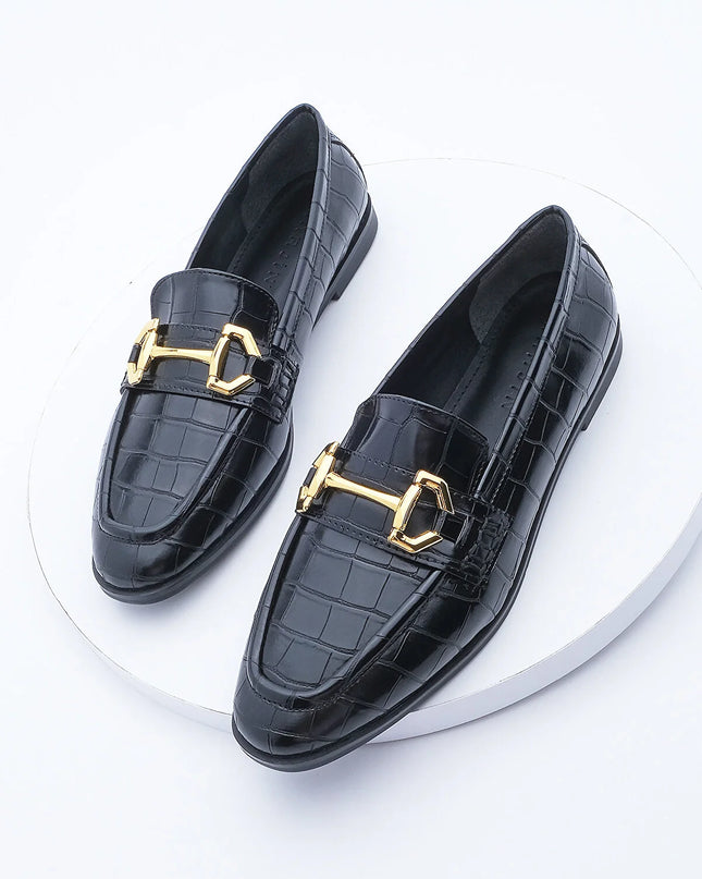 Women's Loafer Buckle Casual Shoes Black Croco -430