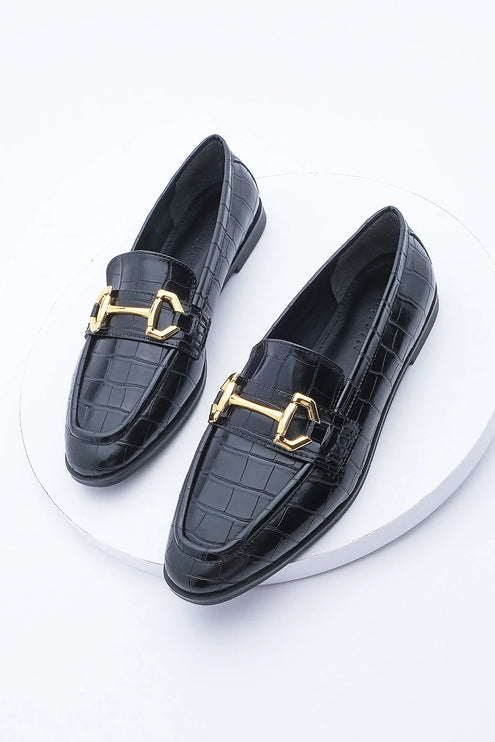 Women's Loafer Buckle Casual Shoes Black Croco -430