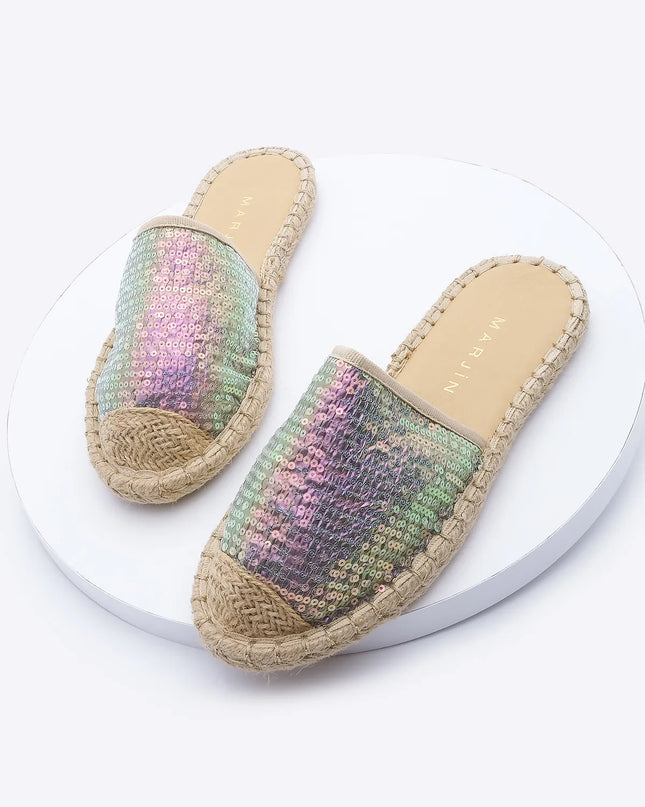 Lizgen Sequined Mesh Jute Espadrille Slippers ●9