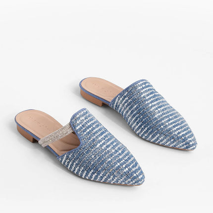 Riyas Sequined Stoned Pointed Toe Daily Slippers Blue Jeans -961