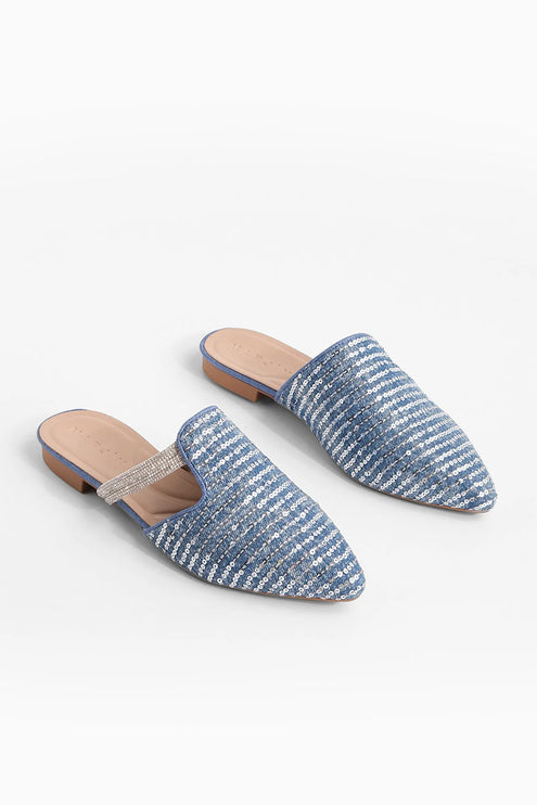 Riyas Sequined Stoned Pointed Toe Daily Slippers Blue Jeans -961