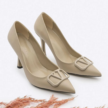 Vonya Pointed Toe Buckled Stiletto Heel Shoes Beige 508║