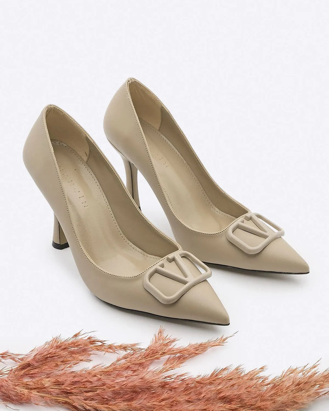 Vonya Pointed Toe Buckled Stiletto Heel Shoes Beige 508║