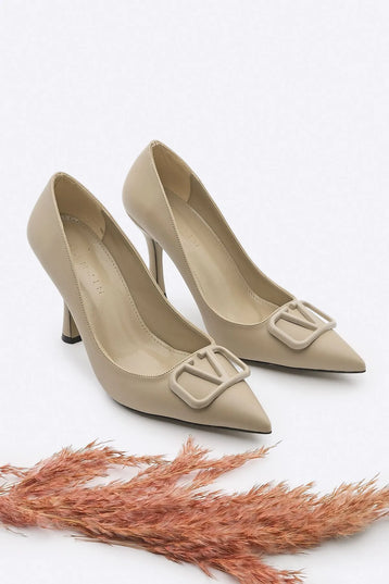 Vonya Pointed Toe Buckled Stiletto Heel Shoes Beige 508║