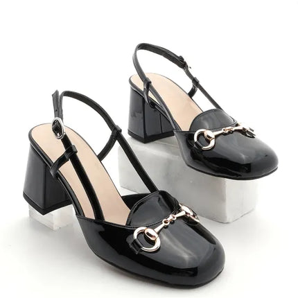 Mirka Thick Heel Buckle Open Back Heeled Black Patent Leather 537║