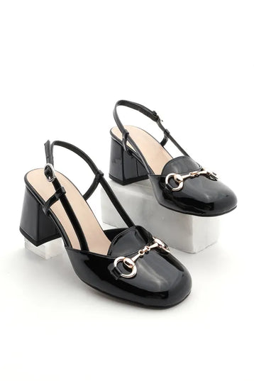 Mirka Thick Heel Buckle Open Back Heeled Black Patent Leather 537║