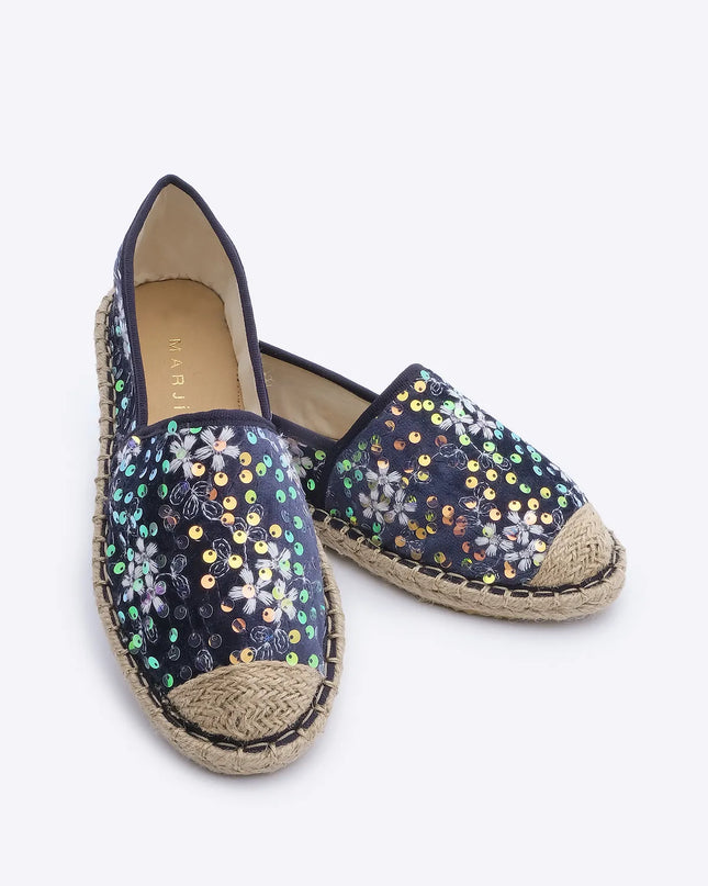 Straw Detail Sequined Velvet Jute Espadrille Ballerinas Navy Blue ●8