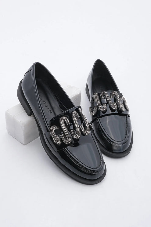 Alseka Stoned Casual Shoes Black Patent Leather Loafer -425