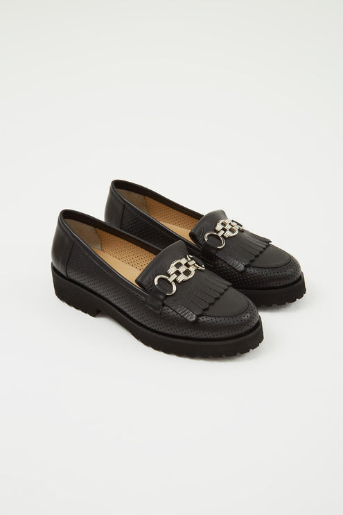 Women's Leather Loafers Black -303
