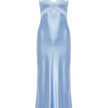Light Blue Lace Detailed Satin Woven Nightgown