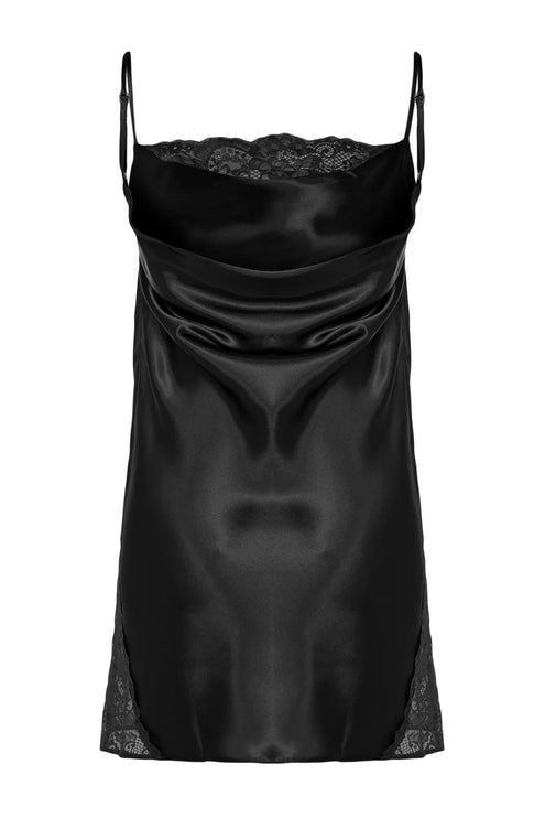 Black Lace and Lace Detailed Satin Woven Nightgown