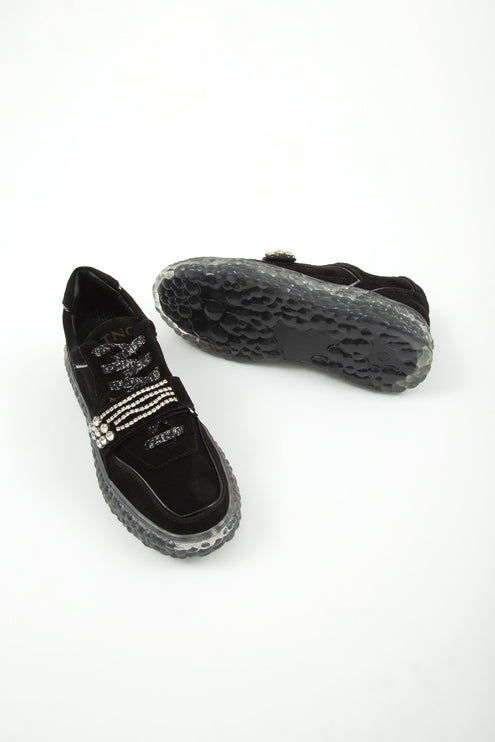 Black Suede Women's Genuine Leather Sneakers -286