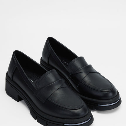Black Leather Women's Genuine Leather Loafer Shoes -361