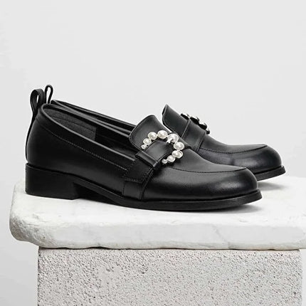 Black Color Pearl Buckle Women's Casual Flat Oxford Shoes -397