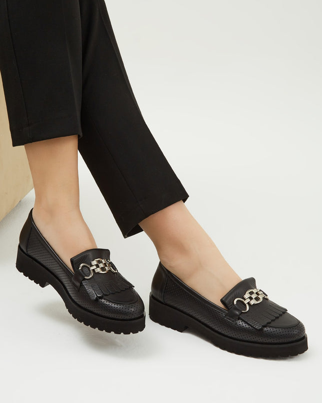 Women's Leather Loafers Black -303