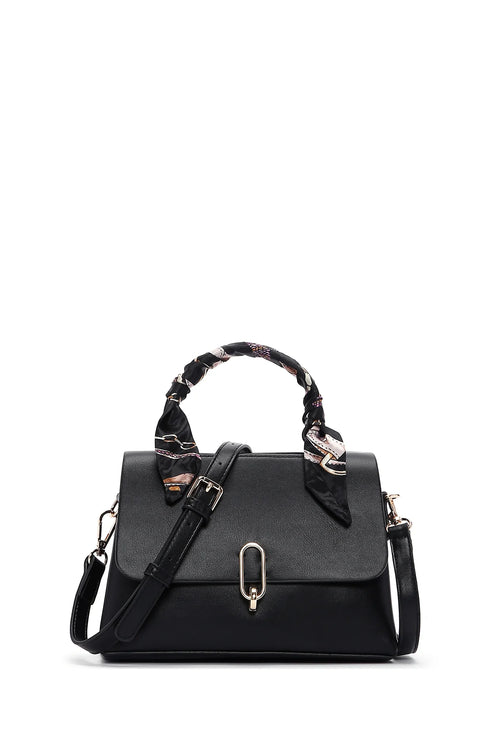 Women's Black Long Strap Handbag with Accessory Detail