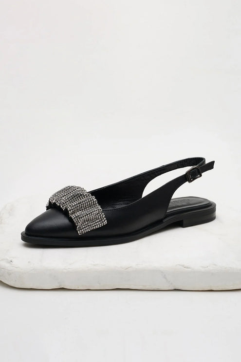 Black Color Gathered Stone Banded Ballerinas F11